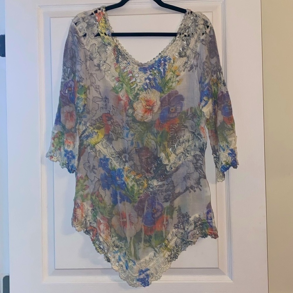 Angela Mara mini dress colorful tunic with mesh hem cotton blend Size S/M